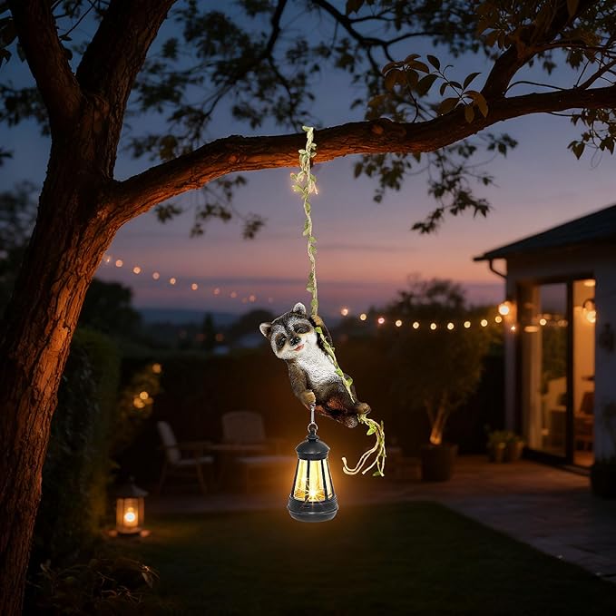 Solar Hanging Raccoon Statue Outdoor Resin Animal Figurine with LED Lights for Garden Fence Porch Patio Yard Decor Dusk to Dawn Auto On/Off