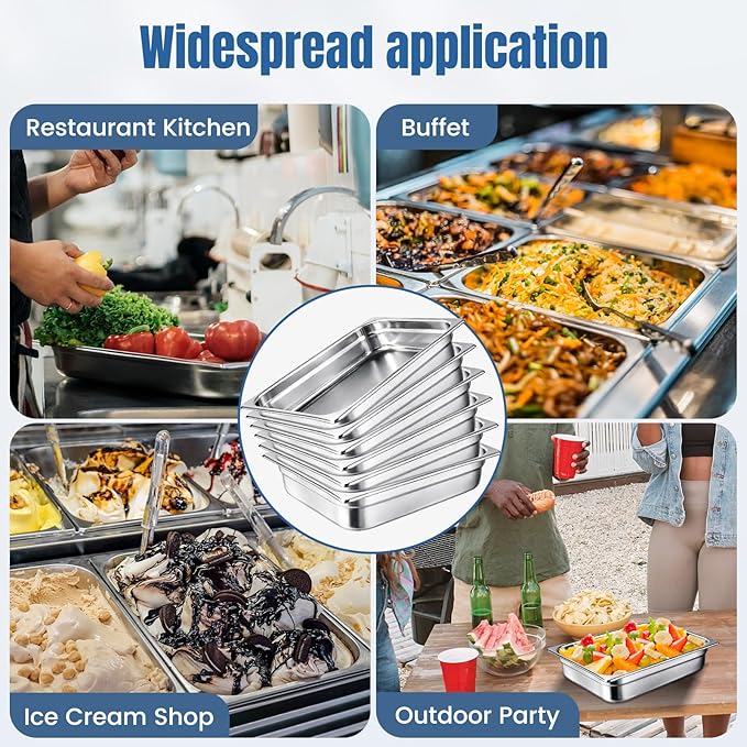 6 Pack 1/2 Size Steam Table Pan Set2.5 Deep Hotel Pans Half Size Anti Jam Stainless Steel Food Pan for RestaurantsCateringHotel BuffetHomeParty