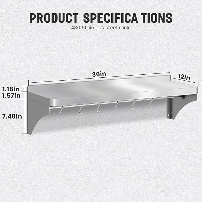 Commercial Stainless Steel Shelf 36 x 12 - 250lb Load Capacity Heavy Duty Stainless Steel Wall Mounted Kitchen Shelf with Backsplash &amp 6 Hooks for Restaurant Laundry