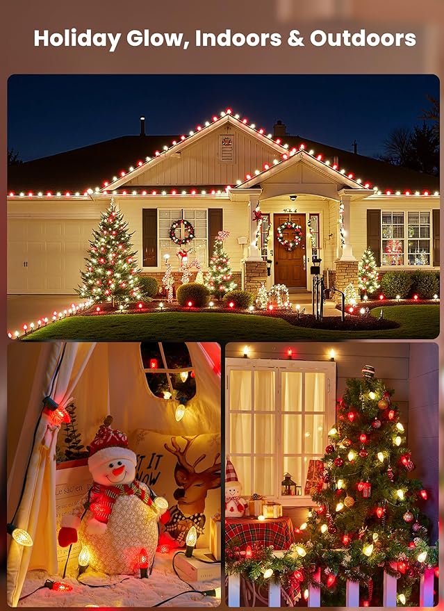 C9 LED Christmas String Lights Outdoor 26 Feet 20 LED Christmas Pathway Lights with 20 Plastic Stakes Connectable Waterproof for Driveways Xmas Holiday Patio Decoration Red and Warm White