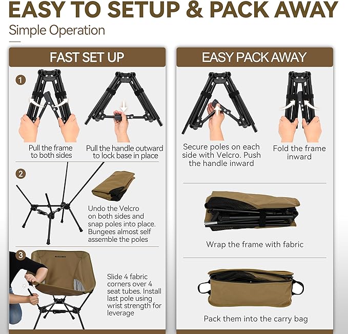 MARCHWAY Lightweight Folding Camping Chair with Spring Lock Stable Compact Portable for Outdoor Camp Travel Beach Picnic Festival Hiking Backpacking (Lowback Khaki)