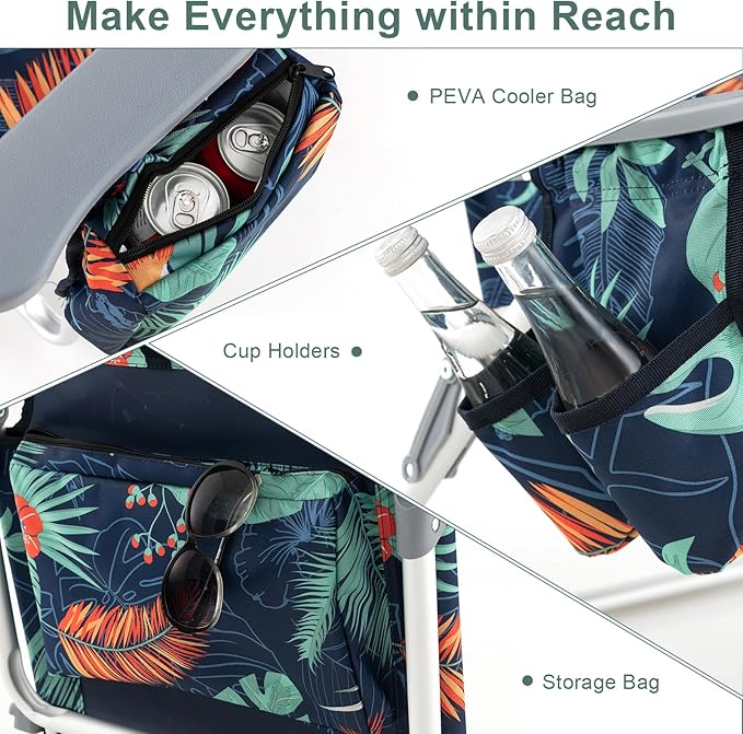 GYMAX Beach Chairs Backpack Camping Chair with Armrest Cooler Bag Cup Holder Towel Bar &amp Side Pockets Sunbath Sling Tanning Lounge Folding Layout Chair (with Table Flower)
