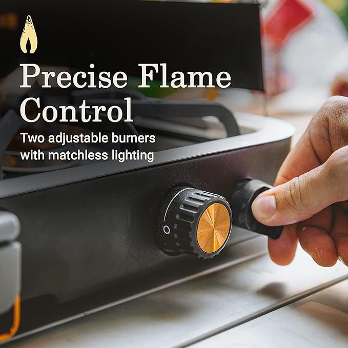 Coleman 1900 Collection 3-in-1 Propane Camping Stove Cast Iron Grill &amp Griddle Accessories Included 24000 BTUs Across 2 Adjustable Burners with Wind Guards &amp Matchless Lighting