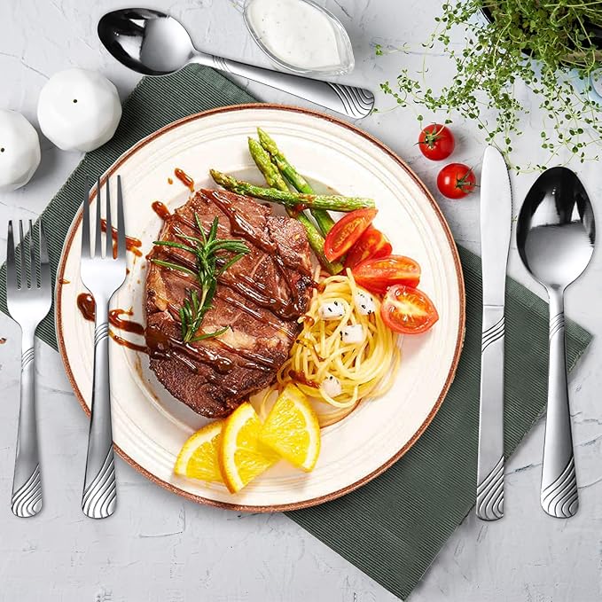 48pcs Silverware set Stainless Steel Tableware Set service for 8 Durable Modern Flatware Set Perfect for Weddings Birthday Parties &amp Everyday Use Holiday Gifts Dishwasher safe (Silver)