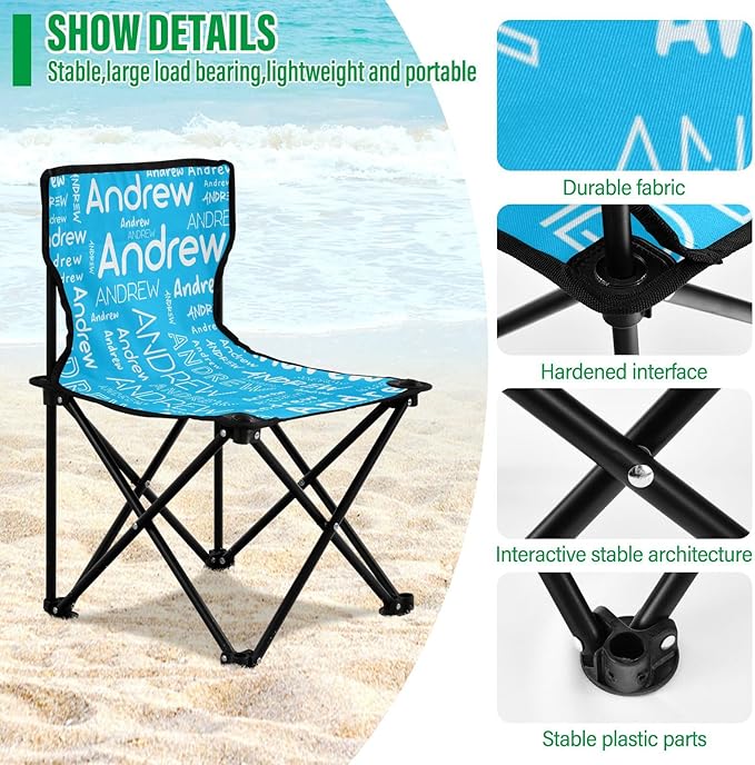 Sinestour Sky Blue Custom Folding Camping Chair for Teen Child Personalized Name 14.6×14.6in Portable Outdoor Chair with Carry Bag for Beach Picnic Travel