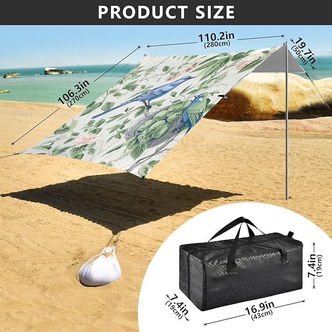 Birds and Leaves Beach Tent Sun Shelter 9.2' x 10.5' Beach Canopy with 4 Sandbags 4 Stability Poles Sand Shovels - Tent Canopy for Beach Camping Fishing Picnics