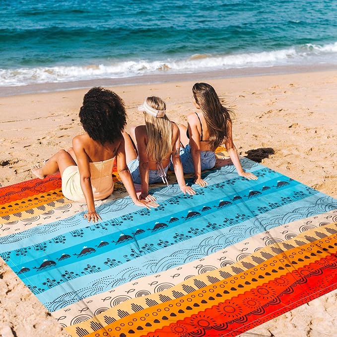 BEW Beach Blanket Waterproof Sandproof Outdoor Picnic Blankets Sand Free for 4 Adults Lightweight Quick Drying Beach Mat for Beach Travel Camping Hiking Boho Beach Essentials Accessories
