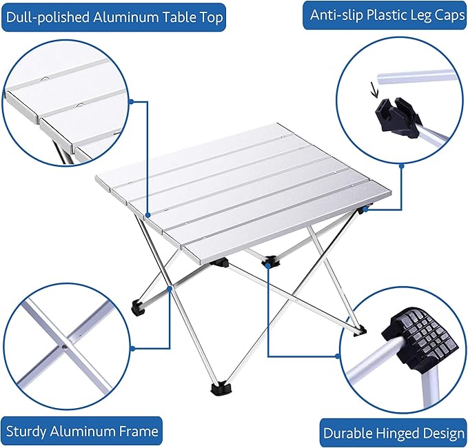 Grope Small Folding Camping Table with Aluminum Table Top Beach Table for Sand with Carrying BagPrefect for Outdoor Picnic BBQ Cooking Festival (Silver-M)