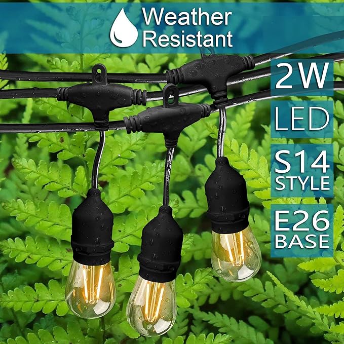 Banord Outdoor String Lights Commercial Grade 96ft Waterproof with 30 S14 Shatterproof Dimmable LED Bulbs Heavy Duty Hanging Lights for Patio Garden Backyard Decoration 2W 2x48ft Strands