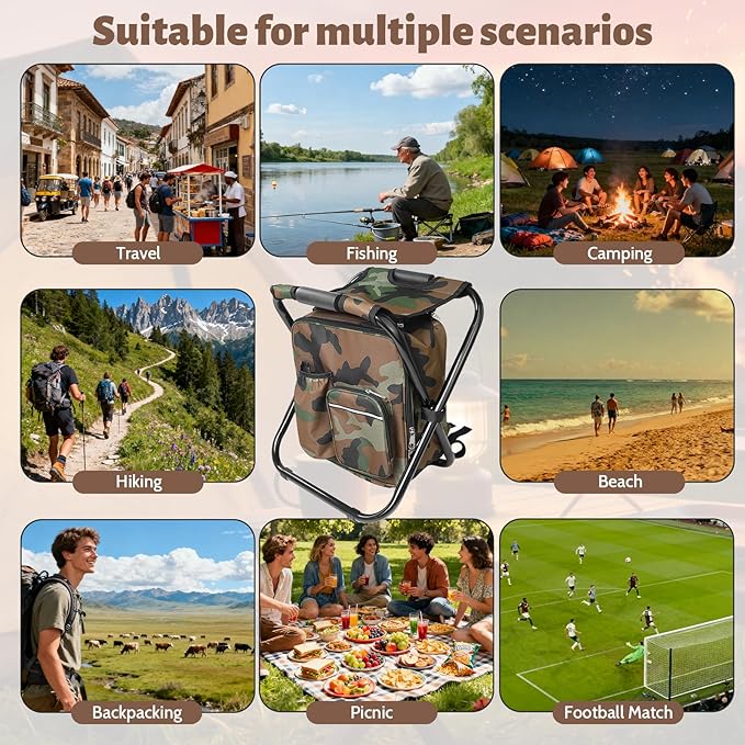 Folding Camping Chair Stool Backpack with Cooler Insulated Picnic Bag Portable Hunting Fishing Multifunction Chair for Outdoors Hiking Hunting Travel (Camouflage)