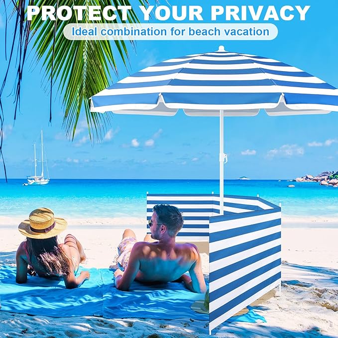 Sliner 20ft Beach Wind Screen with 5.5ft Beach Umbrella Set UV 50+ Wind Blocker Fence for Sand Outdoor Portable Windscreen Sunbathing Privacy Screen Includes Bag &amp Hammer(Blue and White)