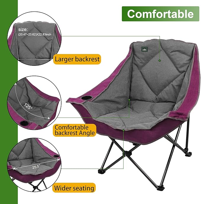 Northroad Oversized Foldable Camping Chair Outdoor Padded Lawn Chair w/Cup HolderCarry Bag for Beach Hiking and PicnicsHeavy-Duty 300-lbs Capacity Purple