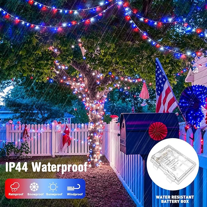JMEXSUSS 2 Pack Red White and Blue Lights Outdoor 33ft 100 LED 4th of July Lights Battery Operated 8 Modes Patriotic Decorations for Indoor Outside Independence Day American Flag Holiday