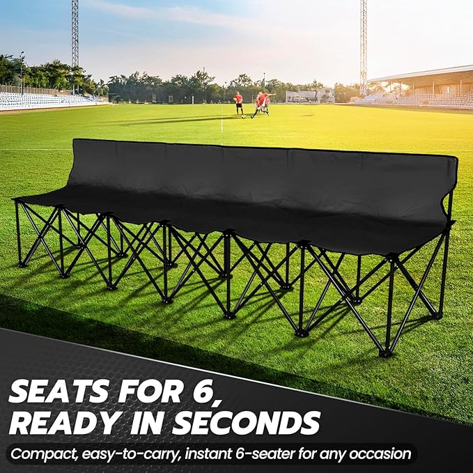 Flexzion Portable Folding Bench Seat 6 Seater Collapsible Soccer Bench Portable Bench Seats for Bleachers Camping Sideline with Back Rest and Carrying Bag Black