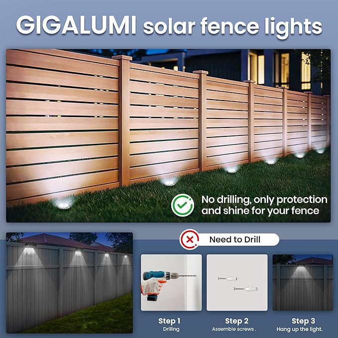 GIGALUMI Solar Ground Lights - No-Drill Fence Lighting Solution Waterproof Perimeter Lights Compatible with Wood Metal &amp Concrete Fences (12 Pack Cool White)