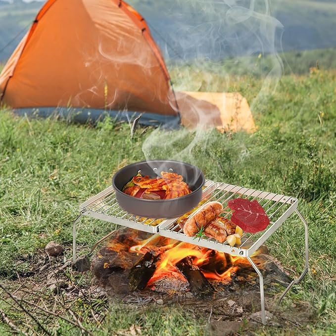 REDCAMP Folding Campfire Grill 304 Stainless Steel Grate Adjustable Height Portable Camping Grill with Carrying Bag for Outdoor Cooking BBQ