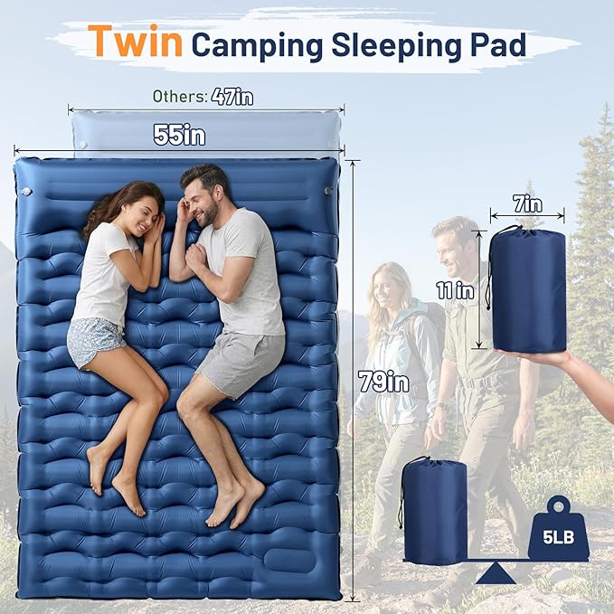KASBAH Double Inflatable Camping Sleeping PadThick 6 inch 2 Person Ultralight Sleeping Mat with Built-in Foot Pump and PillowCamping Essentials for HikingBackpackingTraveling Tent