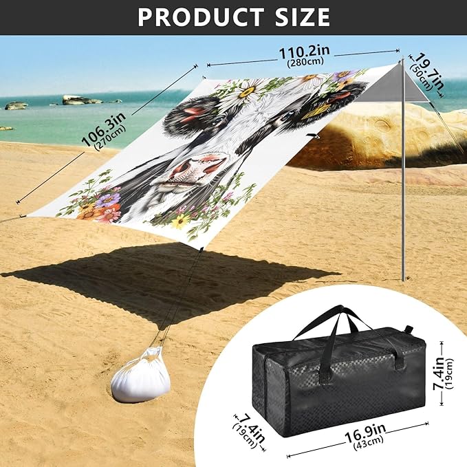ALAZA Cow Daisy Flowers Beach Tent Sun Shelter UPF50+ Protection Beach Shade Canopy w/ 4 Sandbags for Outdoor Camping Fishing Backyard Fun Picnic 10x9 ft