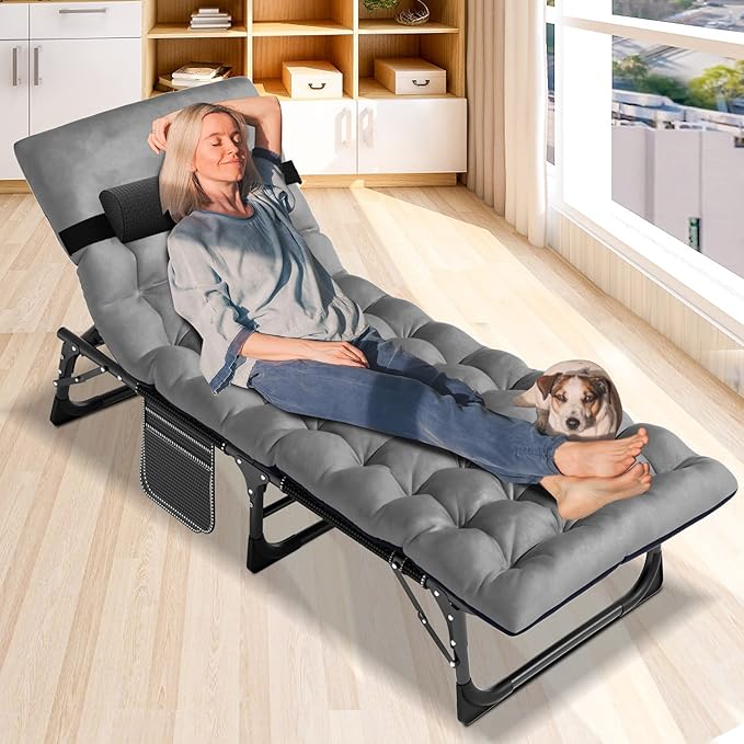 Barbella Folding Camping Cots Patio Lounge Chair with Mattress 4 Position Adjustable Folding Sleeping Bed Patio Chaise Lounge Chairs for Sunbathing Camping Pool Beach Patio