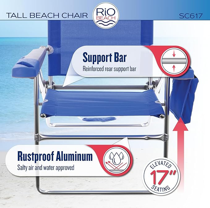 Rio Beach 2-Pack 17 Extended Height 4-Position Folding Beach Chair Blue/White