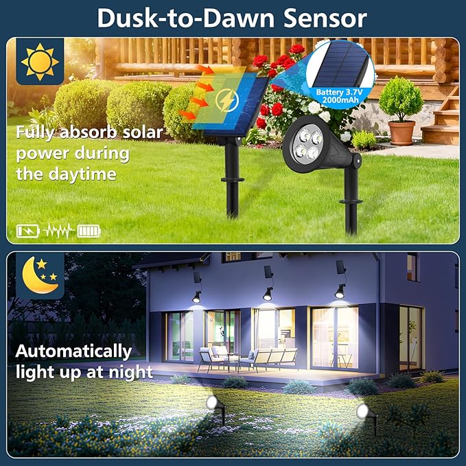 T-SUNUS Christmas Solar Powered LED Spot Light White 6000K Separated Panel with 9.8ft Cable IP65 Waterproof Spotlights Outdoor Landscape Garden Lights for Flag Patio Yard Driveway Halloween 2 Pack