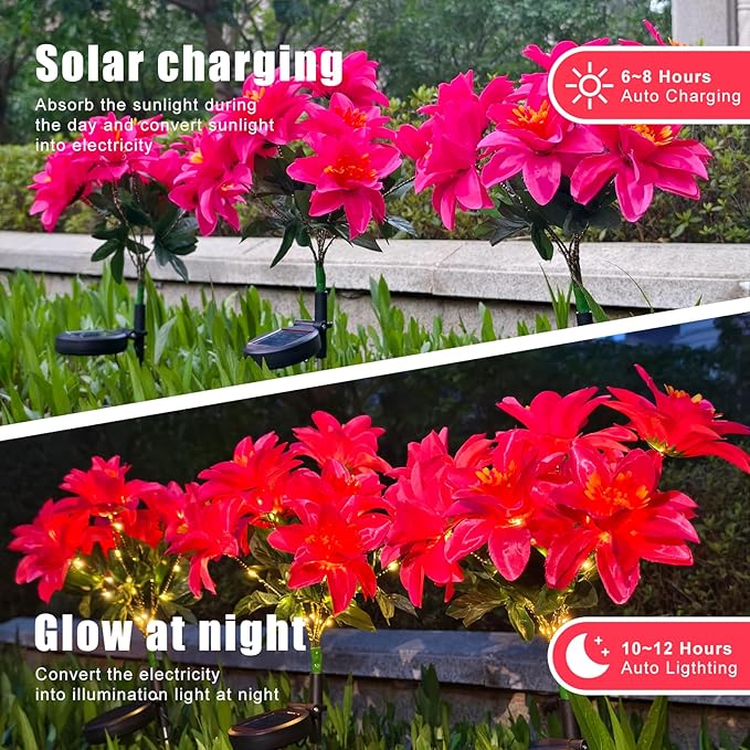 Neporal Solar Flowers Outdoor Waterproof Pink 4PK 7-Stem Garden Solar Lights Decorative 2 Lighting Modes Solar Powered Garden Decor Solar Yard Decor