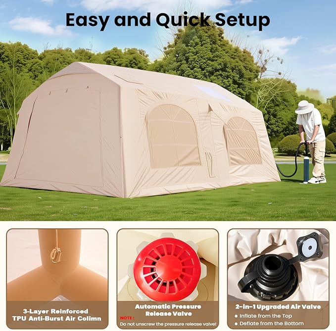 Inflatable Tents for Camping Blow Up Tent with Hand Pump Easy Setup Inflatable Hot Tent with Stove Jack Waterproof Oxford Air Glamping Tents for Camping Adult 4 Person Upgrade Version