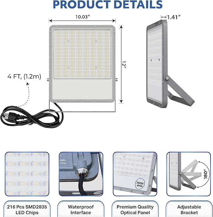 150W LED Flood Light Outdoor 110-277V Commercial &amp Residential LED Lights IP66 Waterproof 6500K Daylight White 16500LM Energy Efficient Flood Outdoor Lights Plug-in LED Flood Lights 2 Pack