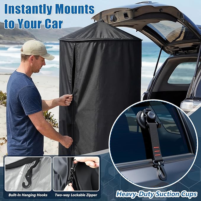 Pop Up Privacy Tent for Car 69in Portable Camping Shower Tent with Liftgate Suction Pod and Hanging Straps 210D Silver Coating Outdoor Instant Bathroom Toilet Tents with Carry Bag