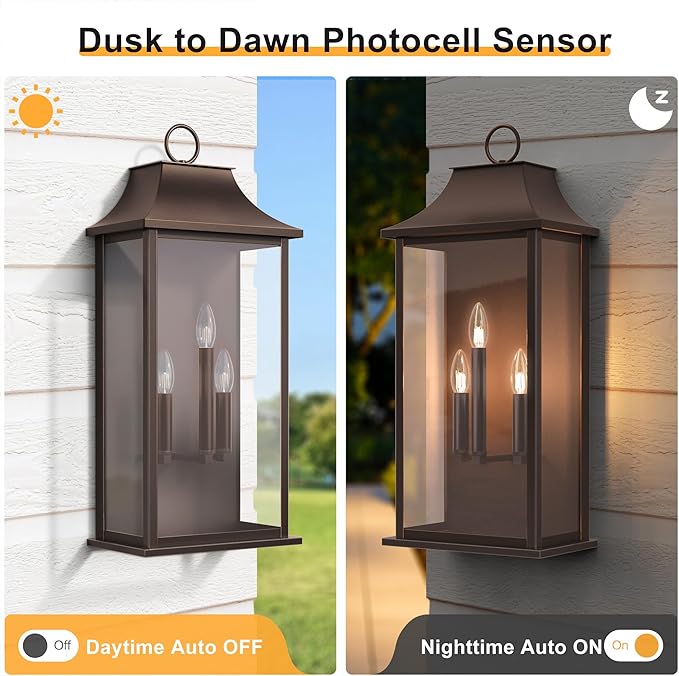 Dusk to Dawn Outdoor Wall Lights 3-Light Oil Rubbed Bronze Exterior Lighting Fixtures 25.3 Large Outdoor Wall Sconce Waterproof Outside Wall Lantern for Porch Patio Garage