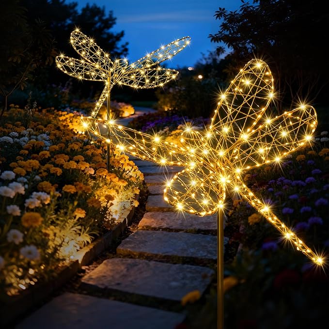 Flacchi Solar Lights Outdoor - Solar Garden Lights Dragonfly Decor with 240LED Solar Powered Iron Waterproof Easy to Install for Pathway Garden Decorations Patio Decor Yard Decoration