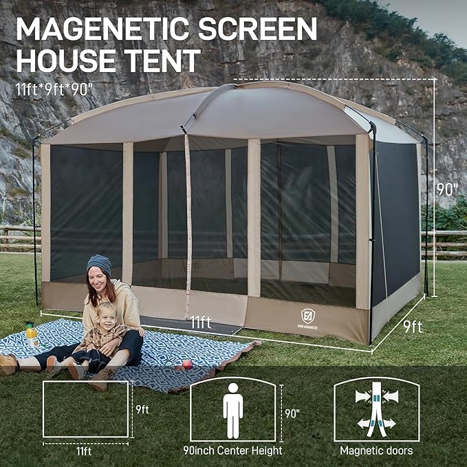 EVER ADVANCED Magnetic Screen House Room 11x9ft Hands-Free EntryScreenhouse with Sun Protection for Camping&ampPicnic 11x9ftCamping Tent Canopy Shelter with Mesh Brown