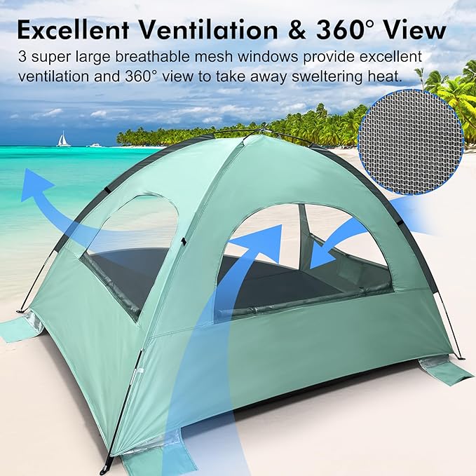 WhiteFang Beach Tent Anti-UV Portable Sun Shade Shelter for 3/4/6/8 Person Extendable Floor with 3 Ventilating Mesh Windows Plus Carrying Bag Stakes and Guy Lines