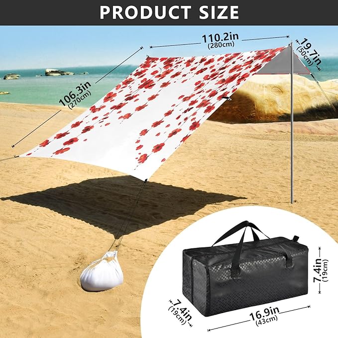 ALAZA Red Cherry Blossom Flowers Beach Tent Sun Shelter UPF50+ Protection Beach Shade Canopy w/ 4 Sandbags for Outdoor Camping Fishing Backyard Fun Picnic 10x9 ft