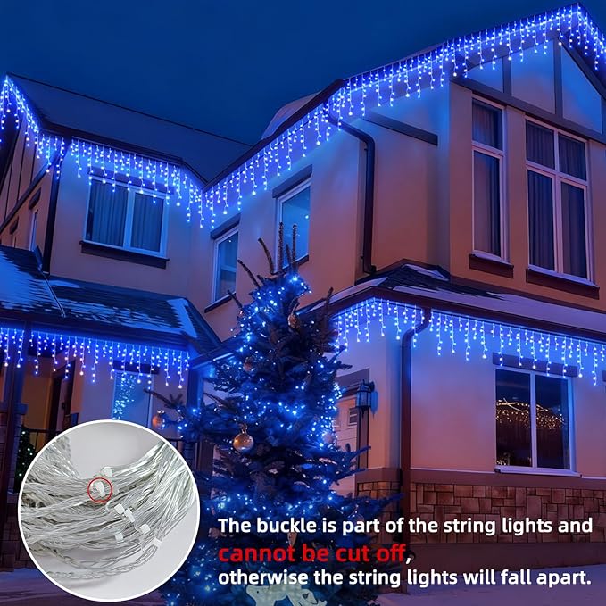 Christmas Outdoor Icicle Lights - 480 LED 66+33 FT 8 Modes Curtain Fairy String Light Plug in Waterproof for Eaves Yard Holiday Xmas Holiday Indoor Outdoor Decoration - Blue White