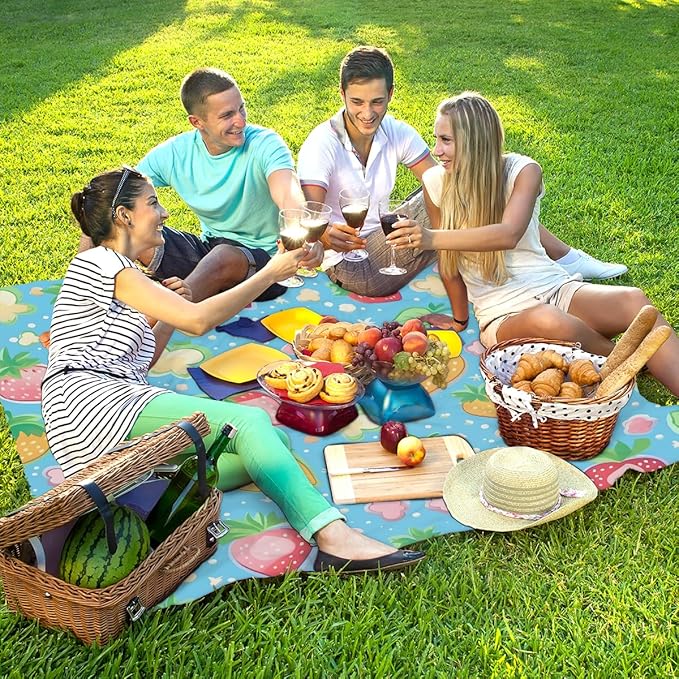 Waterproof Sandproof Beach Blanket 59''×68'' Strawberry Polyester Outdoor Picnic Blanket with 4 Stakes &amp Storage Bag for BeachCampingVacation Blue