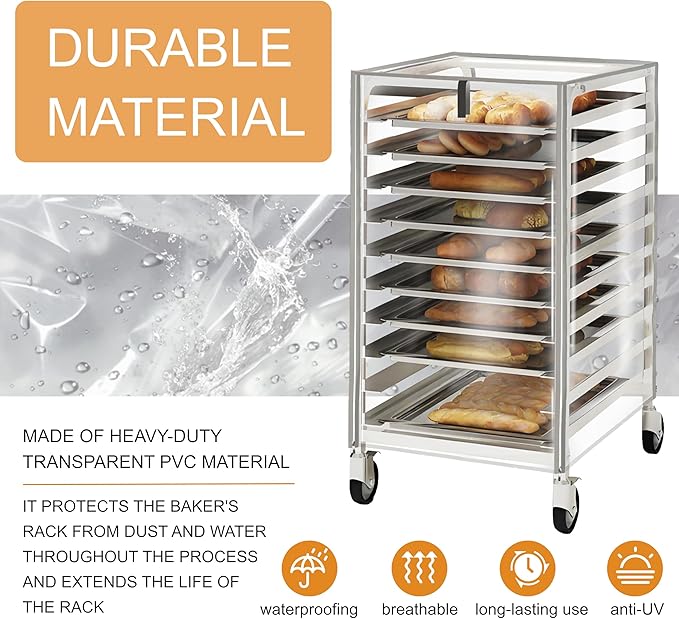 Commercial Bread Rack Cover - 10 Tier Sheet Pan Rack Cover with Zipper 23 W x 28 D x 32 H Clear PVC Waterproof
