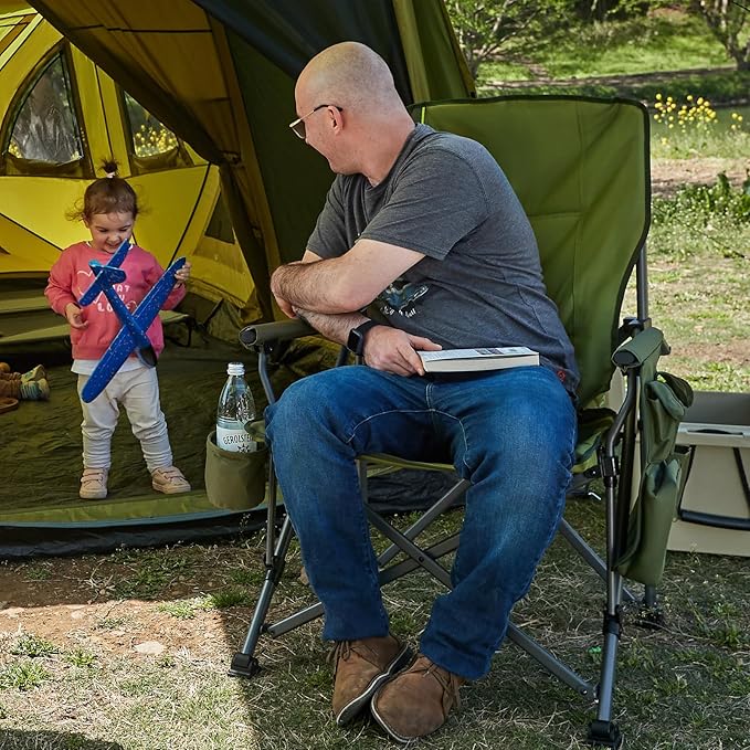 Timber Ridge 500lbs Oversized Folding Camping Chair Heavy Duty Lawn Chair for Adults Portable Collapsible High Back Chair with Cup Holder Side Pocket Cooler Bag for Outdoor Sports Green