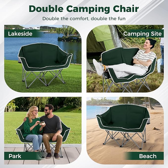 Tangkula 2 Person Camping Chair Portable Oversized Outdoor Folding Camp Chair Loveseat with Padded Seat Cup Holder Carry Bag Heavy Duty Lawn Chair for Beach Fishing Travel (2-PersonGreen)