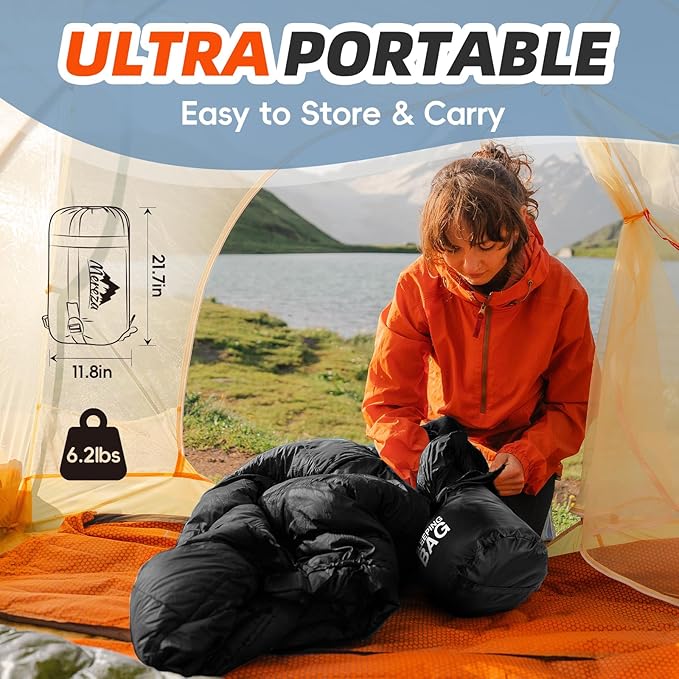 MEREZA Sleeping Bags for Adults Cold Weather Mens Warm Sleeping Bag for Big and Tall Girls Boys with Compression Sack for 3-4 Season Camping Backpacking Hiking