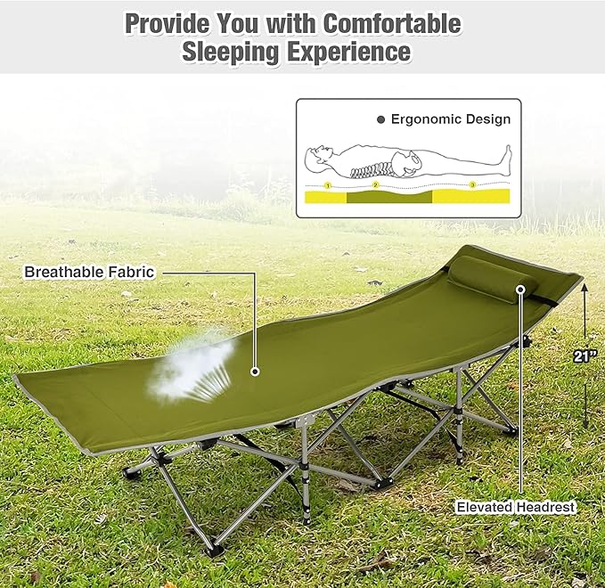 Goplus Folding Camping Cot Sleeping Cot for Adults with Carry Bag Weight Capacity Slanted Head Side Pocket Heavy Duty Portable Camping Bed for Kids Beach Office Snap (Army Green)