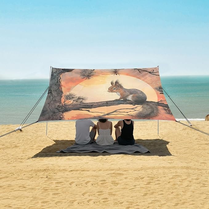 Camping Sun Shelters Little Squirrel Sitting on Branch Sunset Beach Canopy 126 * 110.2in