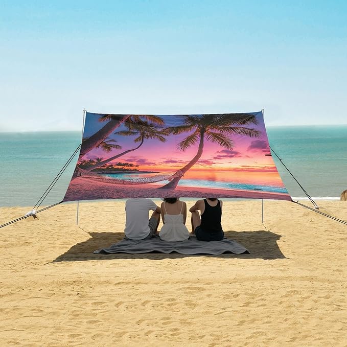 Bolaz Beach Canopy Tent Sun Shade9'×10.5' Large Family Beach Shade UPF50+- Outdoor Shade for Camping Trips FishingVibrant Sunset Beach Hammock