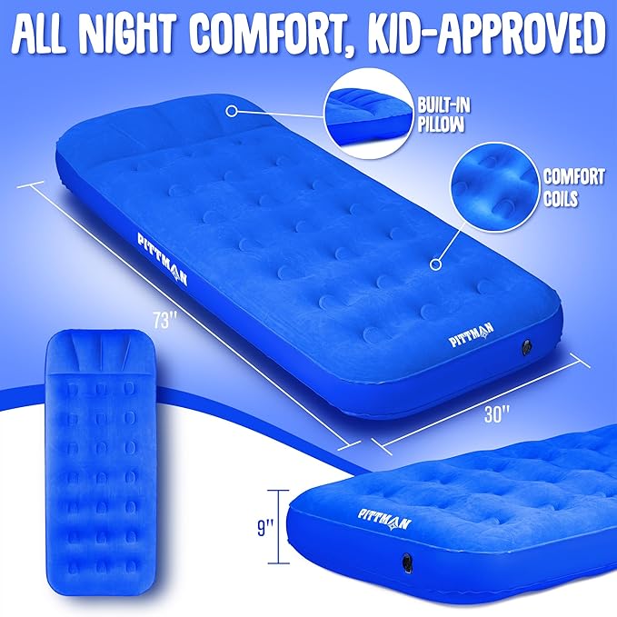 Pittman - Kids Air Mattress - Deluxe Kids Inflatable Bed with Electric Pump &amp Durable Backpack - Perfect Teen to Toddler Blow up Mattress for Sleepovers Camping or Childs Travel Bed