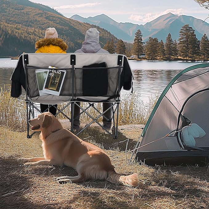Nice C Heated Camping Chair with Battery Outdoor Heated Folding Chairs Double Padded Camping Chair for Adults Camping Couch with Cooler Bag 2 Power Banks Included (Black&ampGrey)