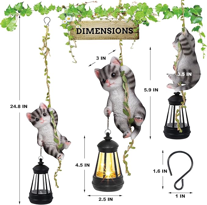 Solar Hanging Cat Statue Outdoor Resin Black Cat Figurine with LED Lights Kitty Animal Ornament for Garden Fence Porch Patio Yard Decor Dusk to Dawn Auto On/Off