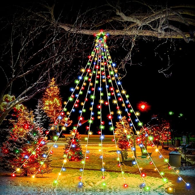 Christmas Decoration Star Lights Outdoor 320 LED 16.4Ft Christmas Tree Toppers String Lights[8 Modes&amp Waterproof] for Halloween Xmas New Year Holiday Birthday (Iron-Multicolor)