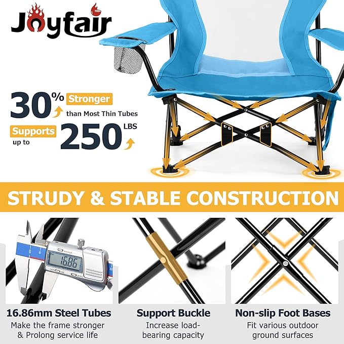 Joyfair 2 Pack Beach Chair Camping Chairs Set(High Back) Heavy Duty Folding Low Lawn Camp Chair for Adults for Outdoor Sport Fishing Armrest Chair with Portable Bag Pillow Cup Holder (Blue)