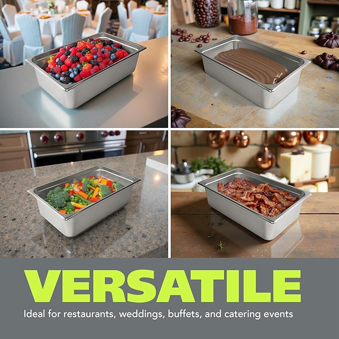 Pearington 12-Piece Full-Size Hotel Pans with Lids 21L Steam Table Capacity Ideal for Catering and Commercial Use 304 Stainless Steel 20.8 x 13 x 5.9