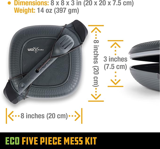 UCO Recycled ECO 5-Piece Camping Mess Kit with Bowl Plate Switch Spork Utensil Set